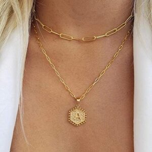 M MOOHAM Dainty Gold Necklace for Women – 14K Solid Gold Over Teen Girl Gifts Cute Hexagon Letter Initial Necklaces for Women Teen Girls Gold Layered Necklaces for Women Jewelry Gifts