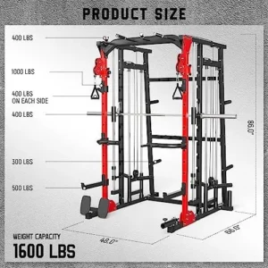 MAJOR LUTIE Fitness Smith Machine with Olympic Plates(245LBS)-Black & Bench, SML07 All-in-One Home Gym Power Cage with Smith Bar and Two LAT Pull-Down Systems and Cable Crossover Machine-R