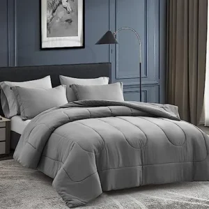 Maple&Stone Queen Size Comforter Set 7 Pieces Bed in a Bag – Down Alternative Bed Set with Sheets, Pillowcases & Shams, Soft Reversible Duvet Insert for Queen Bed, Dark Grey & Light Grey