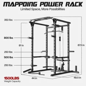 Mappding 1500 LBS Power Cage with 800 LBS Weight Bench, Squat Rack for Home Gym with LAT Pullup System with 3 Grip Variations, T Bar, Weight Cage with Training Attachment for Garage Workout, Black