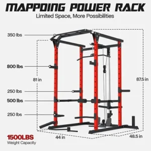 Mappding Power Cage, Power Rack with LAT Pulldown, Multi-Functional Squat Rack, 1500 Lbs Capacity Squat Cage with More Training Attachments for Home Gym, Black&Red