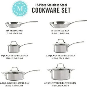 Martha Stewart Castelle 10 Piece 18/8 Stainless Steel Induction Safe Pots and Pans Non-Toxic Cookware Set