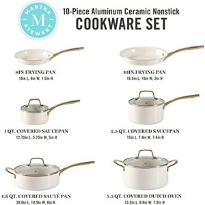 Martha Stewart Lockton Premium Nonstick PFA Free Ceramic Interior 10 Piece Heavy Gauge Enamel Aluminum Pots and Pans Cookware Set – Linen White w/Gold Handle