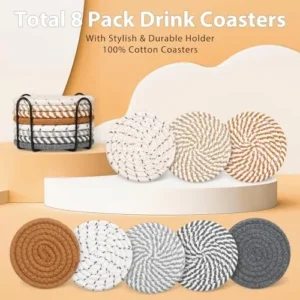 Mckanti 8 Style Drink Coasters with Holder, Absorbent Coasters for Coffee Table, Minimalist Cotton Woven Coaster Set for Home Decor Tabletop Protection Suitable for Kinds of Cups, 4.3 Inches.