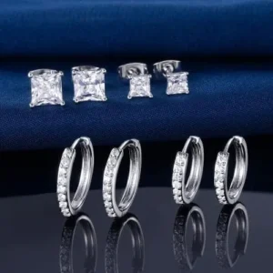 MDFUN Hoops Huggie Stud Earrings Set 14K White Gold Plated Cubic Zirconia Earring for Women Pack of 2/5 Pairs