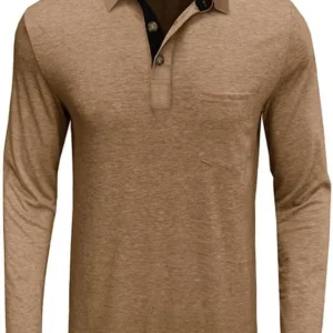 Men’s Casual Polo Shirts Classic Button Basic Long Sleeve Shirt Solid Color Cotton Tees Stylish Tops