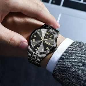 Men’s Casual Stainless Steel Watch, Big Face Easy to Read Analog Quartz Watch with Day and Date, Classic Waterproof Diamond Roman Arabic Numerals Dial Dress Watch for Men, Gold Silver Black Band