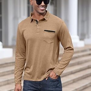 Mens Fashion Polo Shirts Cotton Classic Long Sleeve Thermal Button Shirt with Pocket