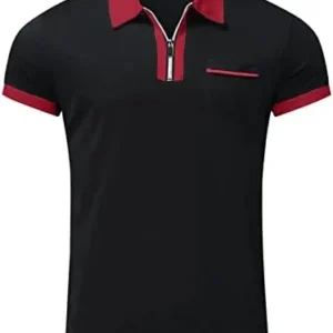 Men’s Zip Up Polo Shirts Slim Fit Casual Short Sleeve Golf Shirts Contrast Color Athletic Pocket Shirts