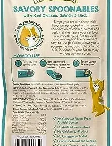 MEOWEE! Savory Spoonables with Real Chicken, Salmon & Duck, 4 Count Tube, Triple Flavor Squeezable Lickable Wet Treats for Cats with Built-in Spoon for Less Mess