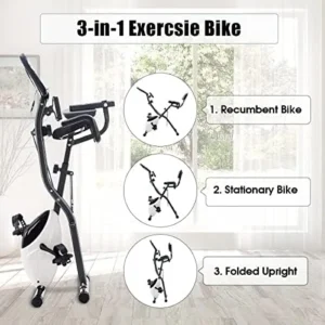 Merax Folding Exercise Bike, 3 In 1 Foldable Fitness Stationary Bikes for Home, Magnetic X-Bike with 16 Level Adjustable Resistance, Upright Indoor Cycling Bikes with Arm Resistance Bands