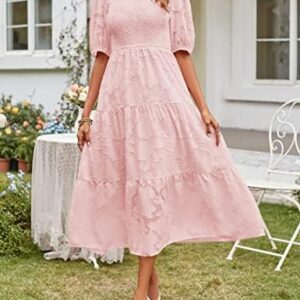 MEROKEETY Women’s 2024 Summer Puff Sleeve Smocked Floral Dress Crewneck Lace Flowy Tiered Midi Dresses