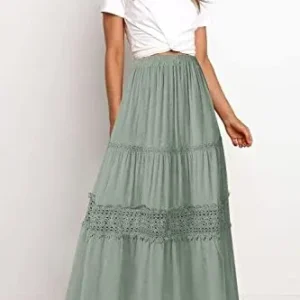 MEROKEETY Women’s Boho Elastic High Waist Pleated A-line Ruffle Lace Trim Tiered Midi Maxi Skirt with Pockets