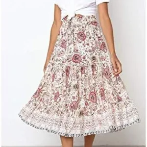 MEROKEETY Women’s Boho Floral Print Elastic High Waist Pleated A Line Midi Skirt