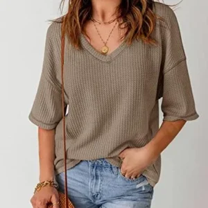 MEROKEETY Women’s V Neck Batwing Half Sleeve Shirts Waffle Knit Loose Blouse Solid Color Tops