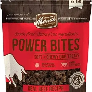 Merrick Power Bites (4) Favorite Recipes All Natural Grain Free Gluten Free Soft & Chewy Chews Dog Treats Plus 1 Roll of Grow-Pet Dog Waste Bag, 5 Piece Set