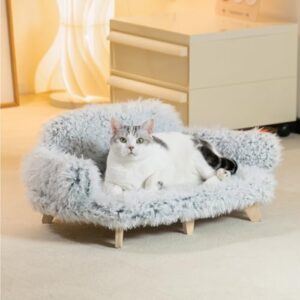 MEWOOFUN Cat Bed with Removable Washable Cover, Elevated Cat Couch for Cats & Small Medium Dogs, Wooden Pet Sofa Modern Pet Furniture (M-Plush Grey)