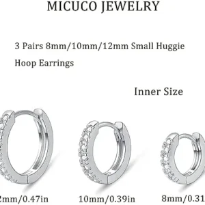 micuco 3 Pairs Small Hoop Earrings Tiny Cartilage Earrings Cubic Zirconia Earrings White Gold Plated Huggie Hoop Ear Piercing Earrings for Women 8mm 10mm 12mm