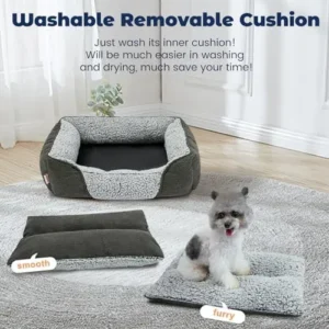 Miguel Washable Cat Beds for Indoor Cats with Removable Cushion, Easy to Wash Small Pet Sofa Bed with Side, Rectangle Bolster Kitten Bed Calming Cuddle Puppy Bed with Anti-Slip Bottom, Gray 20 Inch