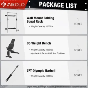 Mikolo 2.36” x 2.36” Folding Wall Mounted Squat Rack, Foldable Power Rack with Weight Bench and 7FT Barbell, Space-Saving Home Gym Package