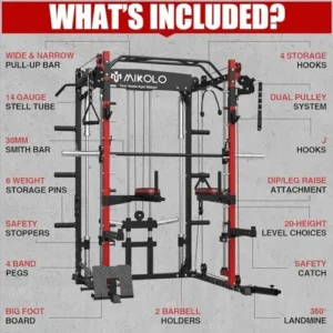 Mikolo Smith Machine, 2000LBS Multifunctional Squat Rack with LAT Pull Down System&Cable Crossover Machine for Home Gym, Power Cage with Dip/Leg Raise Attachments, Free Handles, Band Pegs