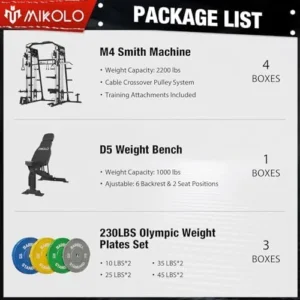 Mikolo Smith Machine, 2200lbs Squat Rack with LAT-Pull Down System & Cable Crossover Machine, Training Equipment with Leg Hold-Down Attachment, Garage & Home Gym Package