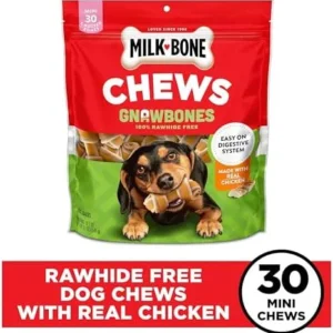 Milk-Bone Chews GnawBones Rawhide Free Dog Treats, Chicken, 30 Long Lasting Mini Knotted Bones