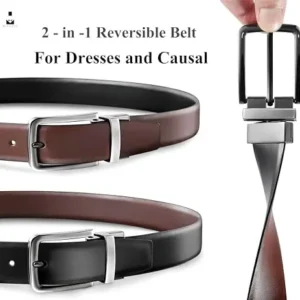 MILORDE Men’s Reversible Leather Belt for Casual Golf Dress Pants Shirts, Double Style – 2 Sides