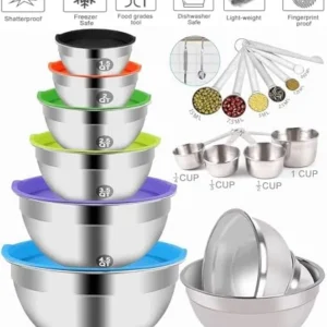 Mixing Bowls with Lid Set, 23PCS Kitchen Utensils Metal Bowl Stainless Steel Nesting Bowls, Measuring Cups and Spoons, Egg Whisk for Baking Prepping Cooking Serving Supplies