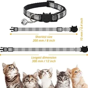 MJIYA Stylish Plaid Cat Collars with Bells – Adjustable Breakaway Kitten Collar (8-12 Inches) – Cute Collar for Girls and Boys – Perfect Pet Gift and Accessory (Black, M)