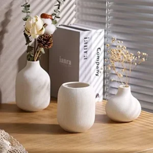 Modern Minimalist White Ceramic Decor Vase Set of 3, Neutral Small Ribbed Vases for Table, Shelf, Bookshelf, and Entryway