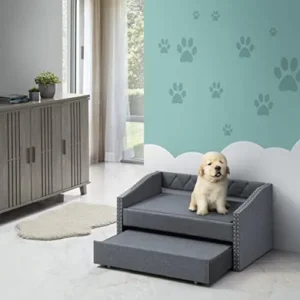 Modern Pet Dog Daybed Frame with Trundle & 2 Removable Foam Cushions – Elevated Raised Couch Pet Bed for Small Medium Size Dogs Gray