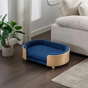 Modern Scandinavian Style Elevated Dog Bed Pet Sofa with Solid Wood Legs and Bent Wood Back, Velvet Cushion,Mid Size,Dark Blue