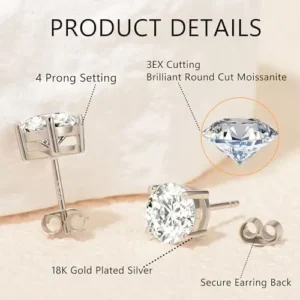 Moissanite Stud Earrings, 0.6ct-2ct DF Color Brilliant Round Cut Lab Created Diamond Earrings 18K White Gold Plated Silver Friction Back for Women Men