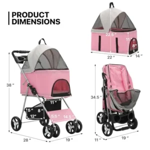 MoNiBloom 3-in-1 Foldable Pet Stroller Detachable Carrier, Car Seat and Stroller with Push Button Entry for Small Pets, Dog Stroller for Medium Dogs Load Up to 33 lbs, Pink