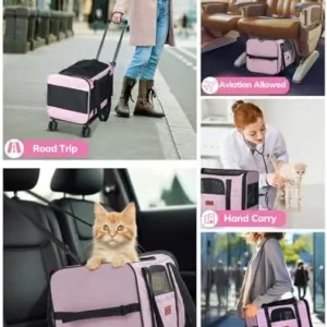 Morpilot Cat Carrier with Wheels Airline Approved, Pet Dog Carrier with Wheels for Small Dogs, Rolling Cat Carrier for Large Cats Puppy Stroller Detachable and Foldable Pet Travel Bag Pink