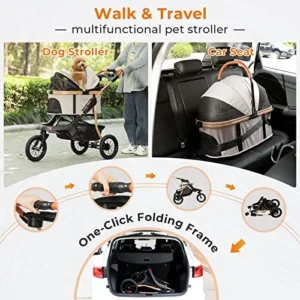 MSmask Pet Stroller, Premium 3-in-1 Large Dog Stroller for Cats/Dogs with Detachable Carrier, Zipperless Dual Entry, Foldable Jogging Travel Stroller, Rubber Tires, 3-Wheel Cat Stroller