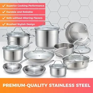 Mueller Pots and Pans Set 17-Piece, Ultra-Clad Pro Stainless Steel Cookware Set, Ergonomic EverCool Handle, Includes Saucepans, Skillets, Dutch Oven, Stockpot, Steamer More