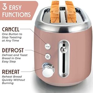 Mueller Retro Toaster 2 Slice with 7 Browning Levels and 3 Functions: Reheat, Defrost & Cancel, Stainless Steel Features, Removable Crumb Tray, Under Base Cord Storage, Pink