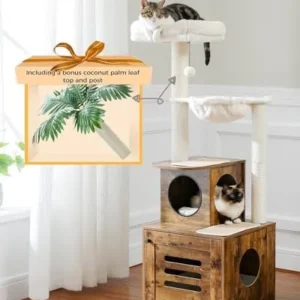 MUTTROS Cat Tree with Litter Box Enclosure 55.5″ Modern Cat Tree Tower with Top Bed and Green Leaves, Wood Cat Furniture Hidden Litter Box with Scratching Posts for Indoor Cats, Rustic Brown