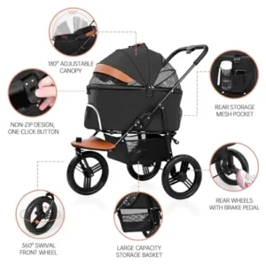 Nahofi Dog Stroller for Medium Small Dogs, 3in1 Pet Stroller Zipperless Dog Cat Jogger Stroller 3 Wheels with Detachable Dog Carriage, Storage Basket and One-Button Folding Frame for Pets Walk-Black