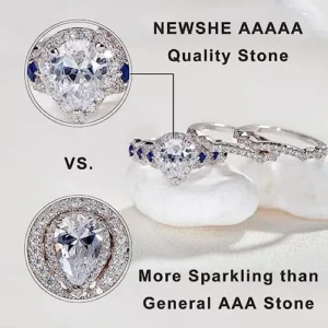 Newshe Jewellery Engagement Wedding Ring Set AAAAA Cz 925 Sterling Silver 3pcs 3.0Ct Pear Shape White Blue Gemstone Size 4-13