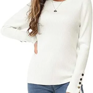 Newshows Women’s Solid Long Sleeve Knit Crew Neck Button Stretch Casual Pullover Sweater