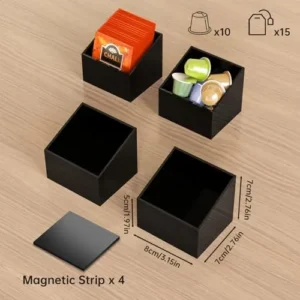 NiHome Magnetic Acrylic Tea Bag Organizer Set of 4, Modular Design Magnetic Containers with Flexible Layouts, 3.15″L x 2.76″W x 2.76″H Compact Versatile Storage for Home & Office (Black)