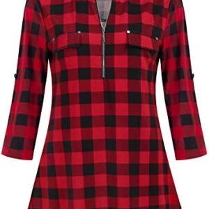 Ninedaily Women’s 3/4 Sleeve Plaid Shirts Zip Floral Casual Tunic Blouse Tops