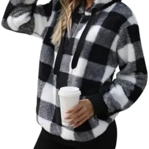 Nirovien Womens Sherpa Pullover Oversized Fuzzy Hoodie Double Fleece Sweatshirts Fluffy Buffalo Plaid Outerwear