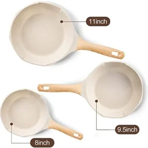 Nonstick Frying Pan Set – Granite Induction Pans for Cooking Omelette Non-Stick Cookware Set, Healthy Kitchen Skillet Non Sticking Stone Pot and Pan Set (8″, 9.5″ & 11″) Beige