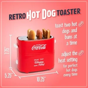 Nostalgia Coca-Cola 2 Slot Bun Mini Tongs, Hot Dog Toaster Works with Chicken, Turkey, Veggie Links, Sausages and Brats, Retro Red