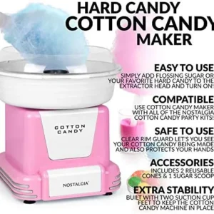 Nostalgia Cotton Candy Machine – Retro Cotton Candy Machine for Kids with 2 Reusable Cones, 1 Sugar Scoop, and 1 Extractor Head – Pink