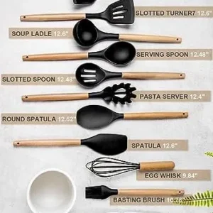 Nucookery Kitchen Utensils Set with Ceramic Utensil Holder, Silicone Cooking Utensils Set, Wooden Handle Non Toxic Heat Resistant Kitchen Utensils Set of 12 PCS (Black)